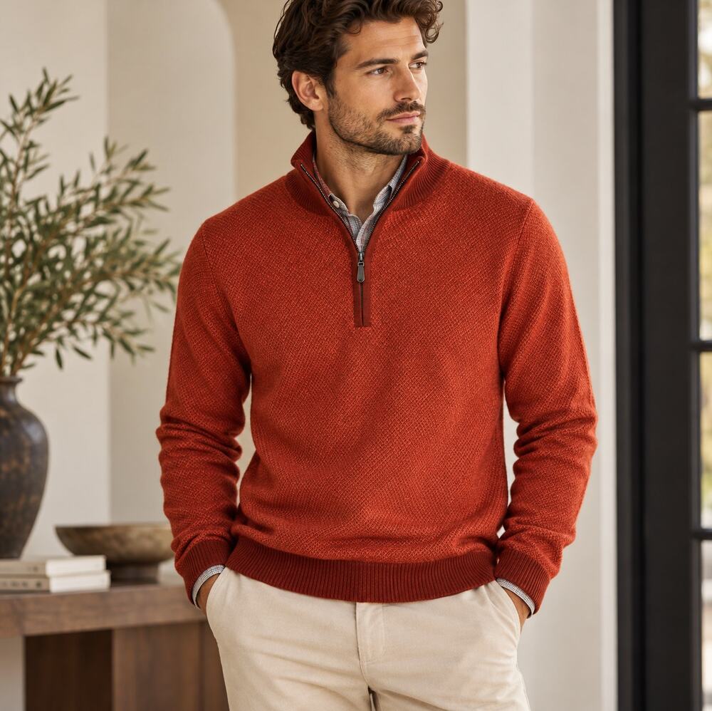 KINROSS CASHMERE Plaited Pique Quarter Zip Sweater Dark Orange Sz M $495 {BB43}